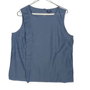 IZOD Chambray Top XL Blue Sleeveless Right Side Ruffle Round Neck Zip up Back